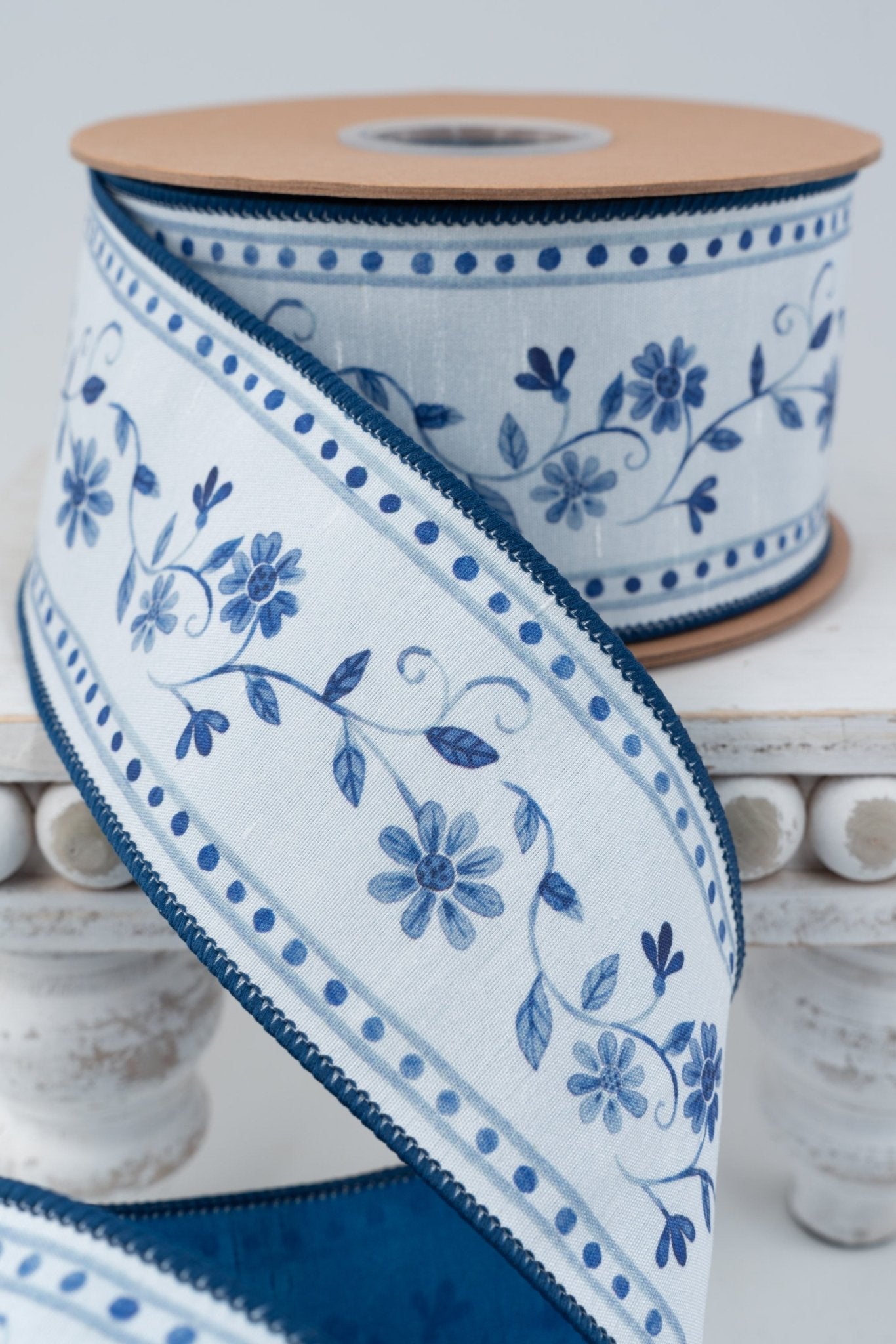Blue Floral Vine On White with Blue Backing Wired Dupioni Ribbon