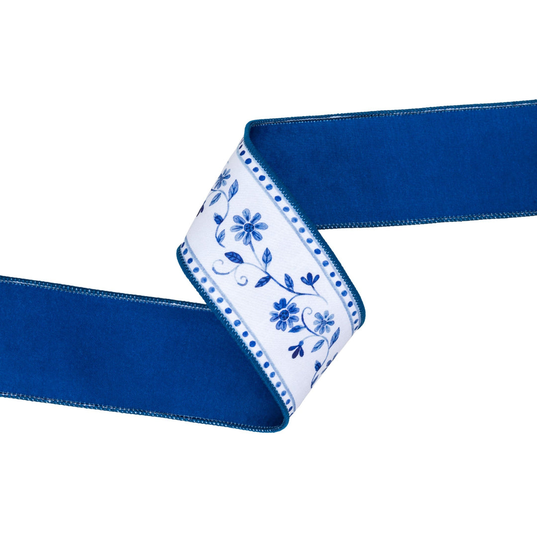 Blue Floral Vine On White with Blue Backing Wired Dupioni Ribbon - 2.5" - Greenery MarketWired Ribbon9364W-365-63E