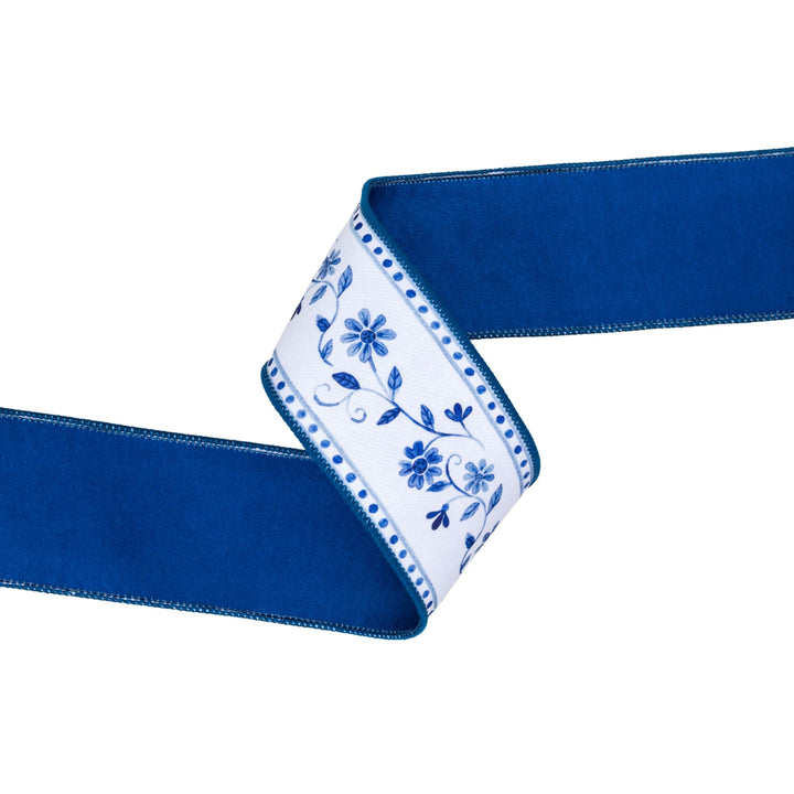 Blue Floral Vine On White with Blue Backing Wired Dupioni Ribbon - 2.5" - Greenery MarketWired Ribbon9364W-365-63E