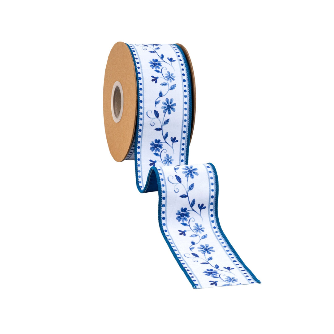 Blue Floral Vine On White with Blue Backing Wired Dupioni Ribbon - 2.5" - Greenery MarketWired Ribbon9364W-365-63E