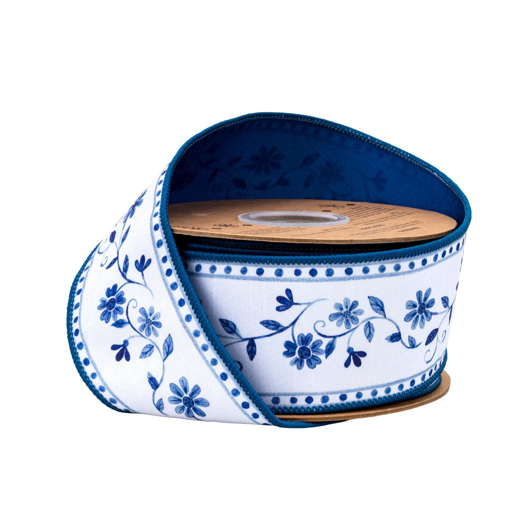 Blue Floral Vine On White with Blue Backing Wired Dupioni Ribbon - 2.5" - Greenery MarketWired Ribbon9364W-365-63E