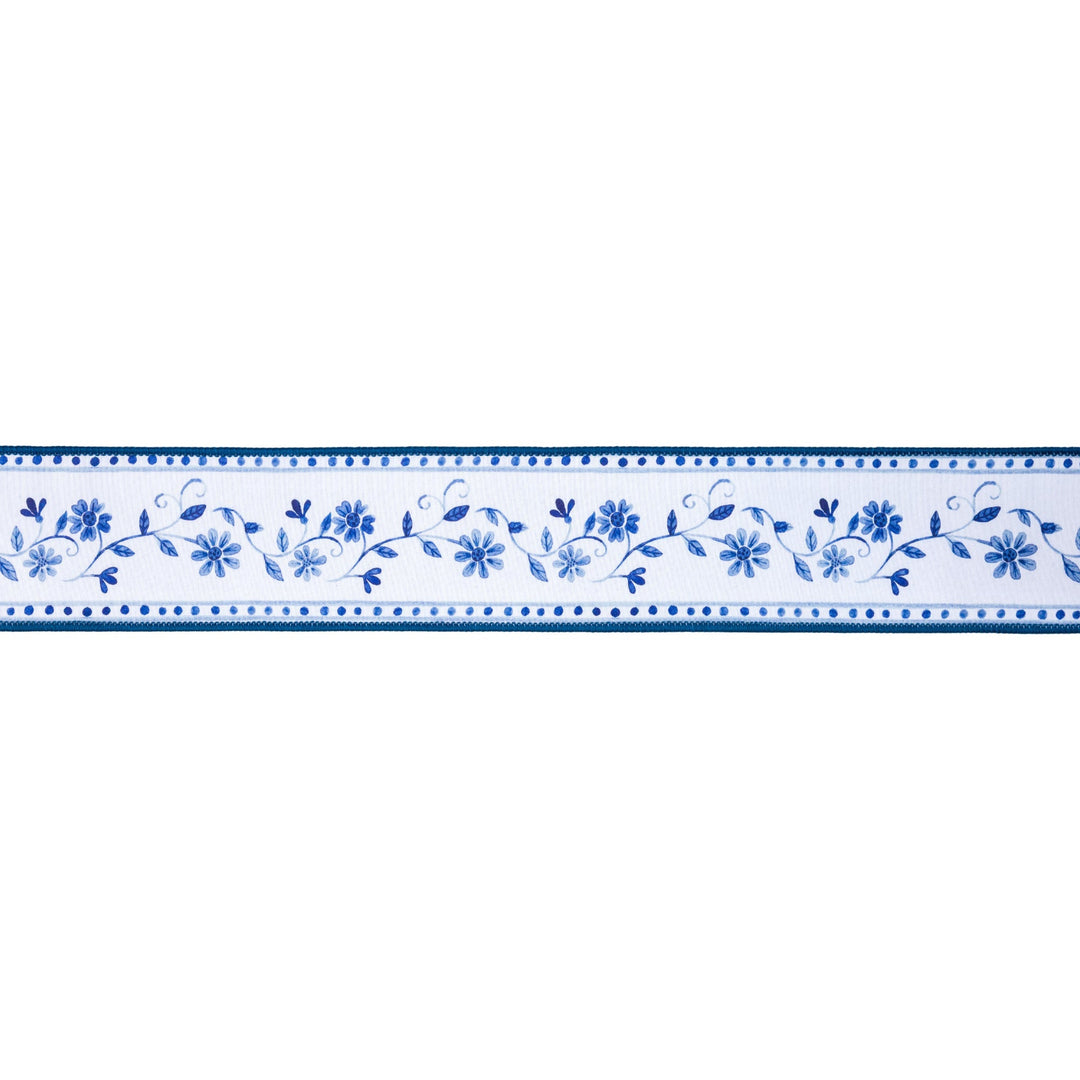 Blue Floral Vine On White with Blue Backing Wired Dupioni Ribbon - 2.5" - Greenery MarketWired Ribbon9364W-365-63E