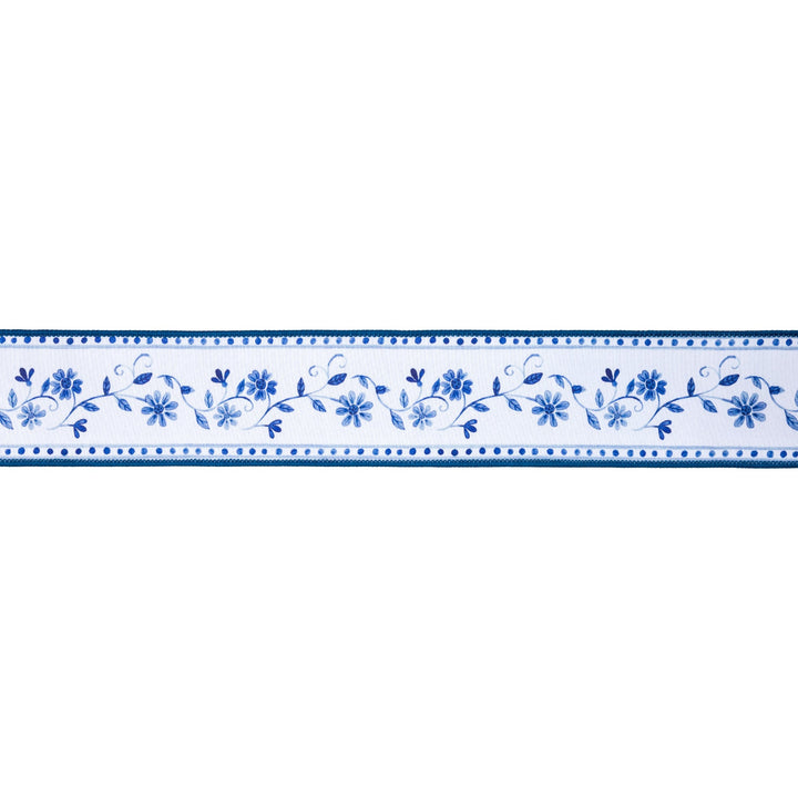 Blue Floral Vine On White with Blue Backing Wired Dupioni Ribbon - 2.5" - Greenery MarketWired Ribbon9364W-365-63E