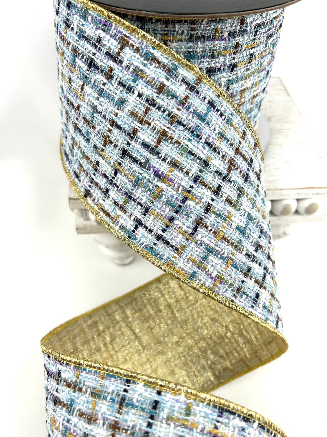 Blue & Gold Tweed Wired Ribbon - 4" - Greenery MarketRibbon212161