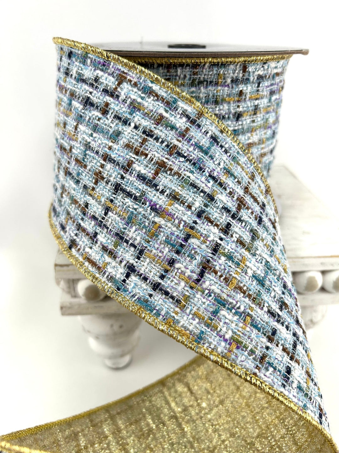 Blue & Gold Tweed Wired Ribbon - 4" - Greenery MarketRibbon212161