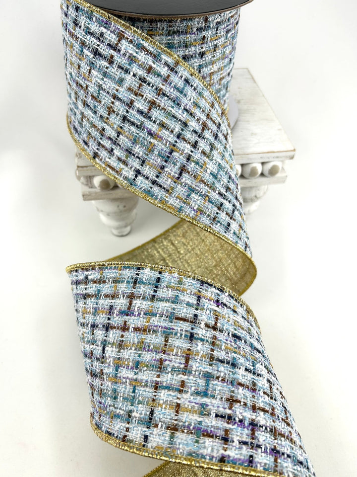Blue & Gold Tweed Wired Ribbon - 4" - Greenery MarketRibbon212161