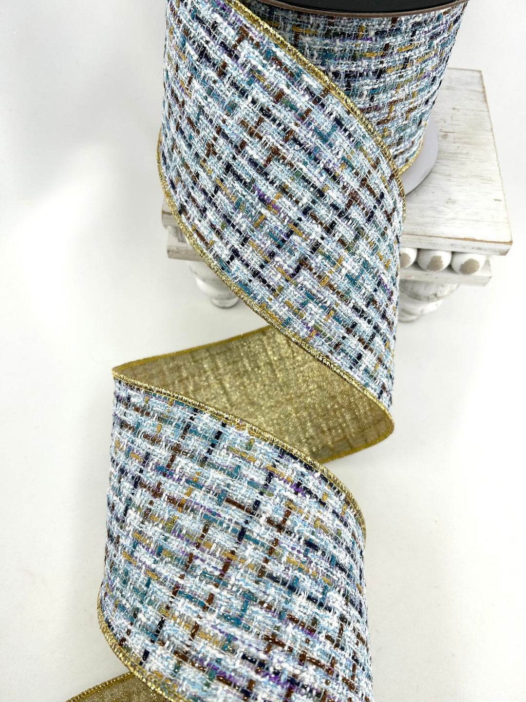 Blue & Gold Tweed Wired Ribbon - 4" - Greenery MarketRibbon212161