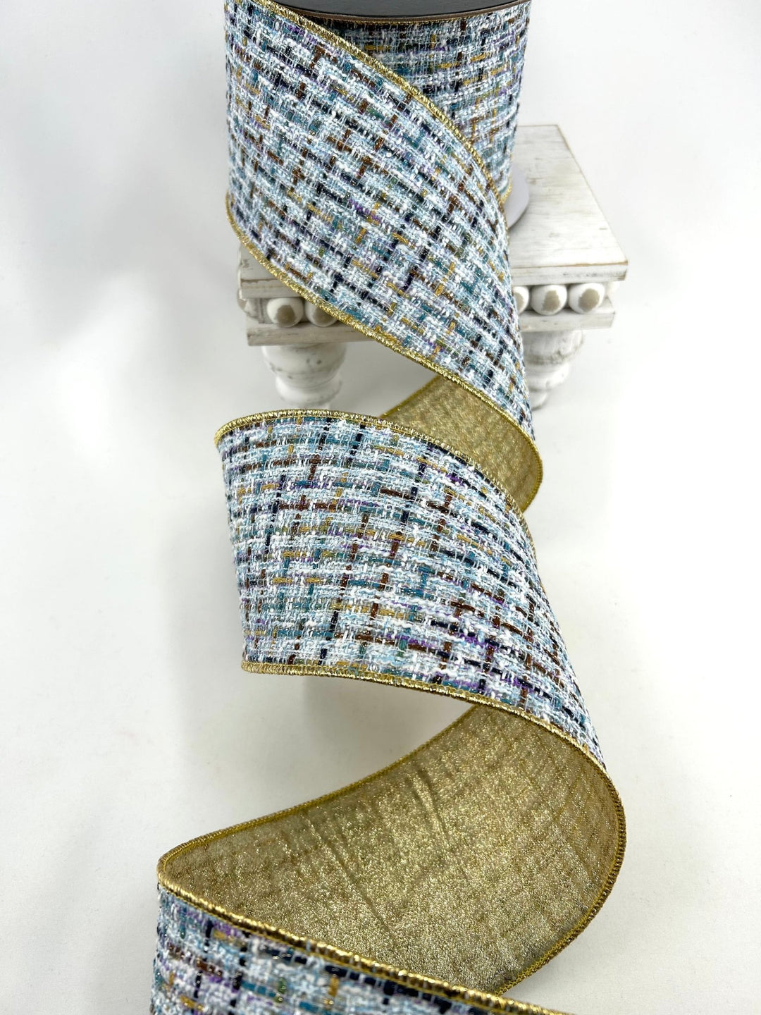 Blue & Gold Tweed Wired Ribbon - 4" - Greenery MarketRibbon212161