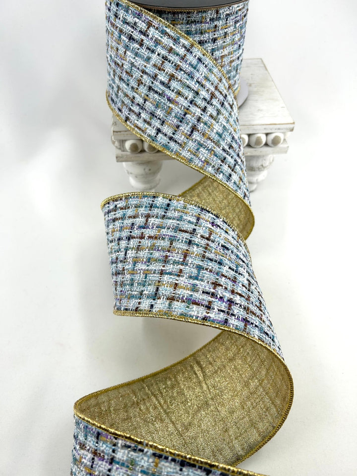Blue & Gold Tweed Wired Ribbon - 4" - Greenery MarketRibbon212161