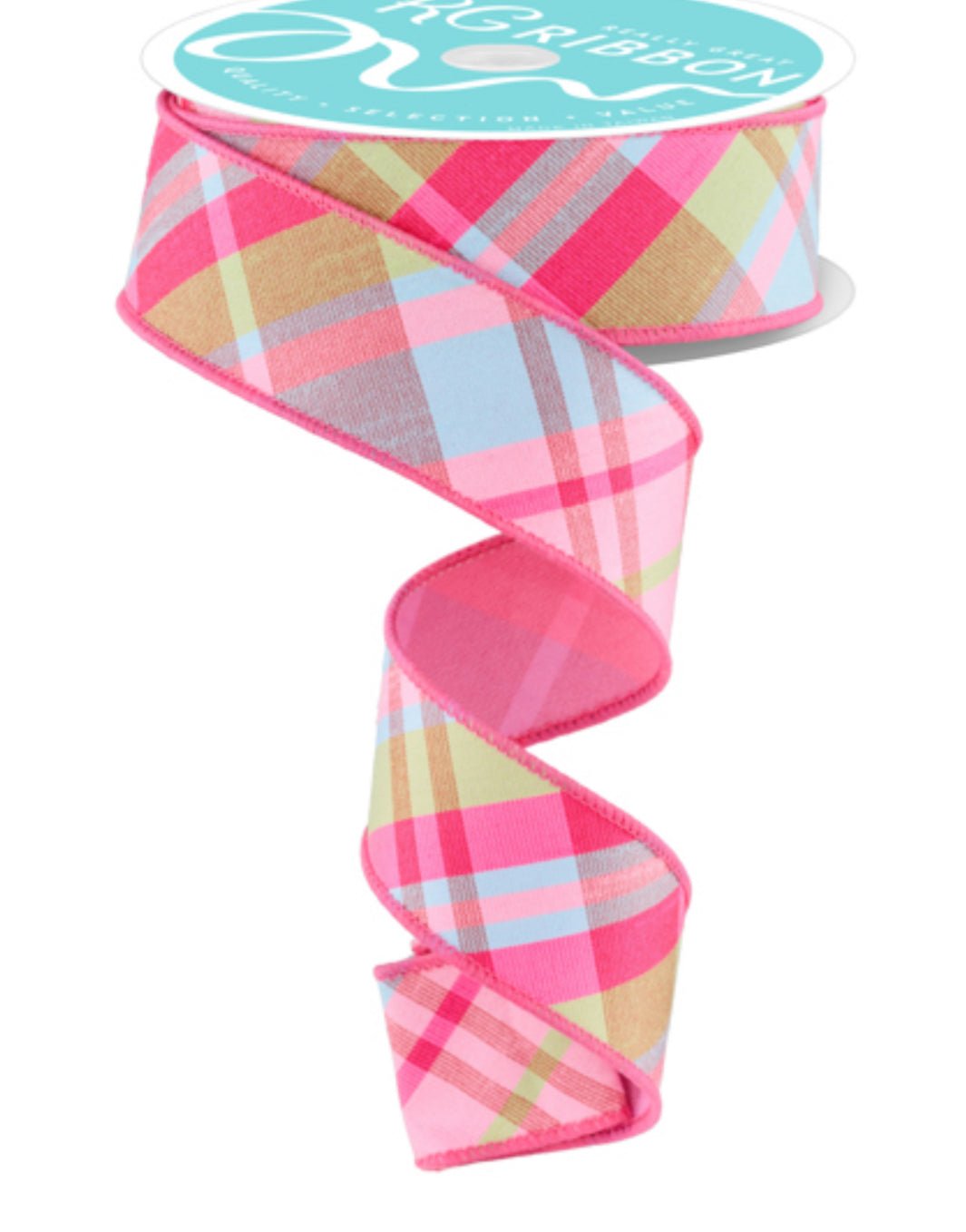 Blue, green, and pink plaid wired ribbon with fused back, 1.5
