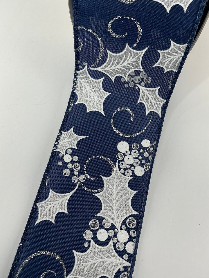Blue holly leaf and berries wired ribbon 2.5” - Greenery MarketRibbons & Trim177807