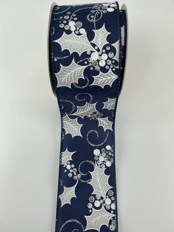 Blue holly leaf and berries wired ribbon 2.5” - Greenery MarketRibbons & Trim177807