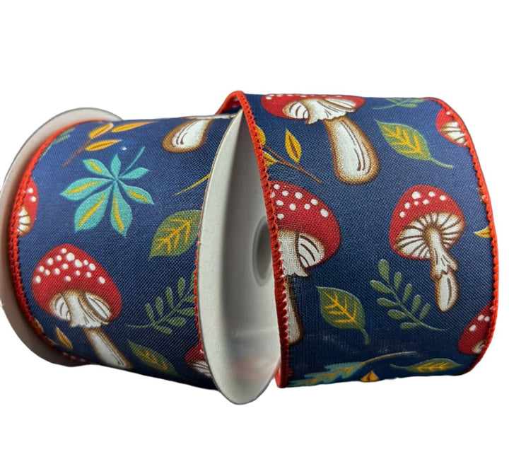 Blue mushrooms and leaves wired ribbon, 2.5" - Greenery MarketWired ribbon61411 - 40 - 38