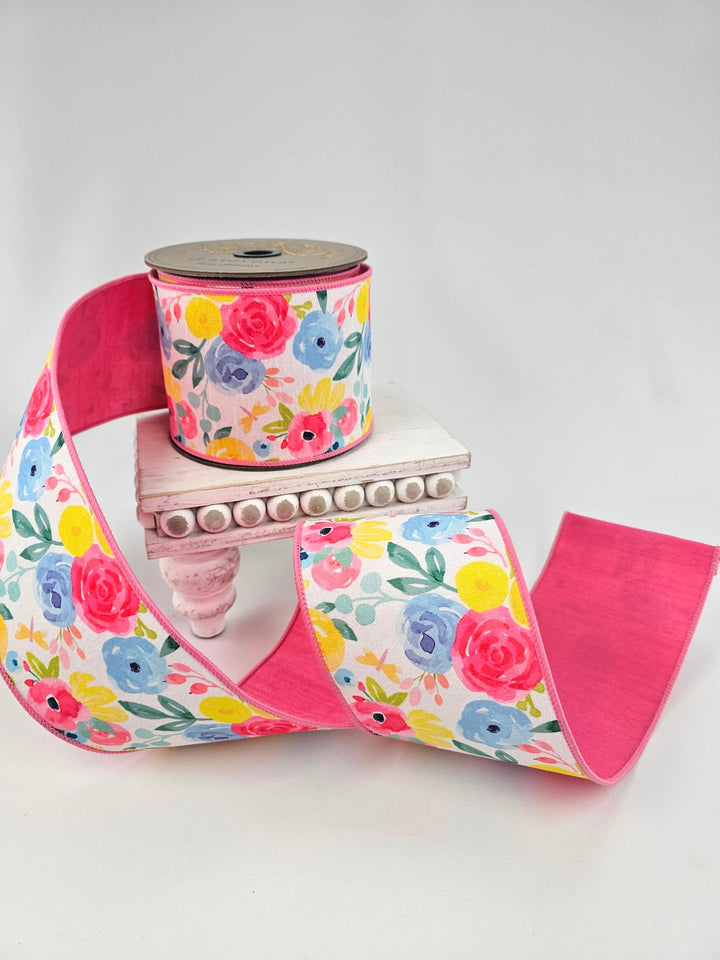 Blue, Pink, & Yellow Watercolor Roses Dupion Wired Ribbon - 4" - Greenery MarketWired ribbon05-1554