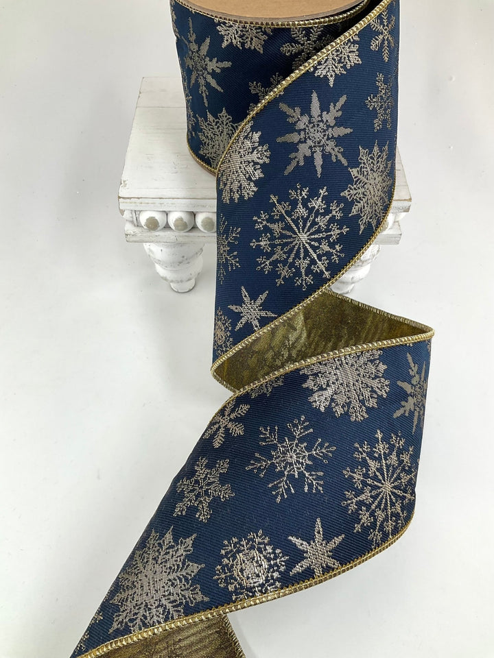 Blue Snowflake Wired Jaquard Ribbon - 4" - Greenery Market6508W-370-100C