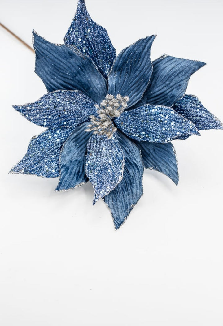 Blue Velvet and beaded poinsettia stem - Greenery MarketWinter and ChristmasMTX66871 BLUE