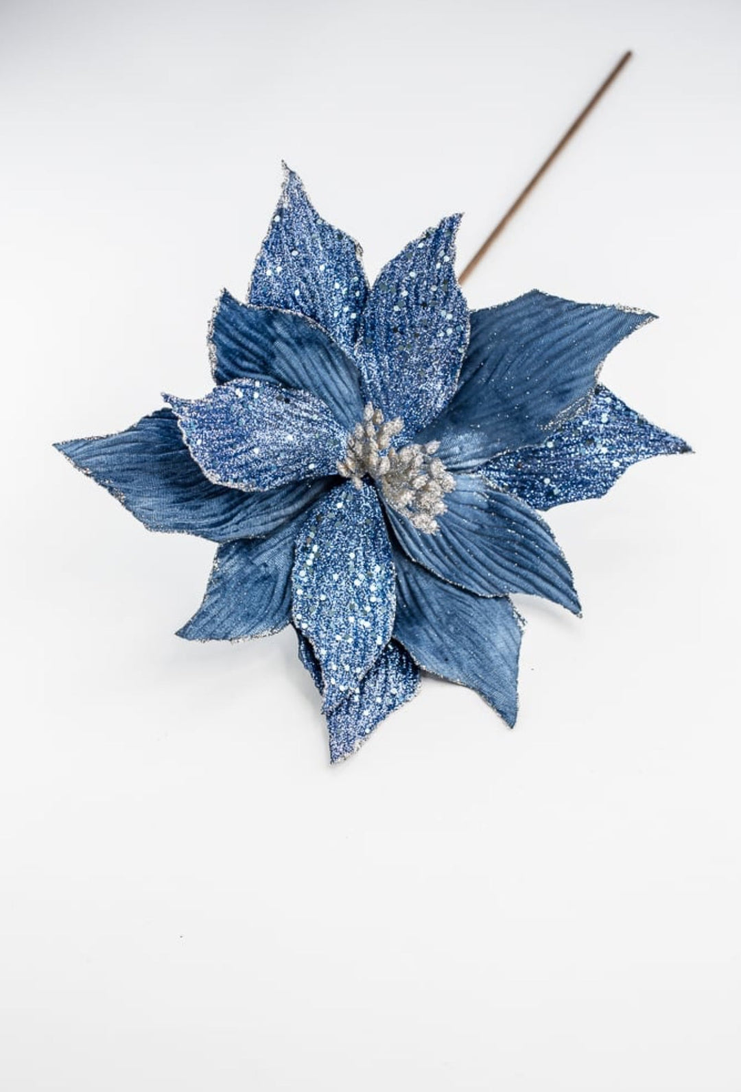 Blue Velvet and beaded poinsettia stem - Greenery MarketWinter and ChristmasMTX66871 BLUE