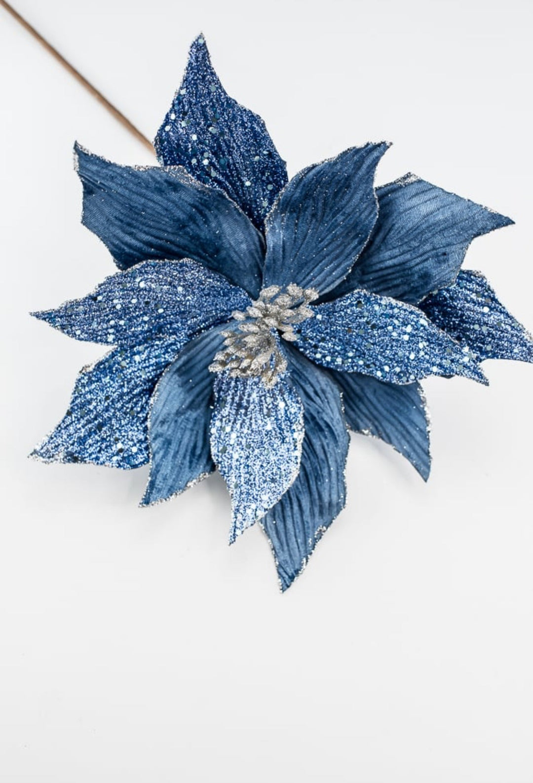 Blue Velvet and beaded poinsettia stem - Greenery MarketWinter and ChristmasMTX66871 BLUE