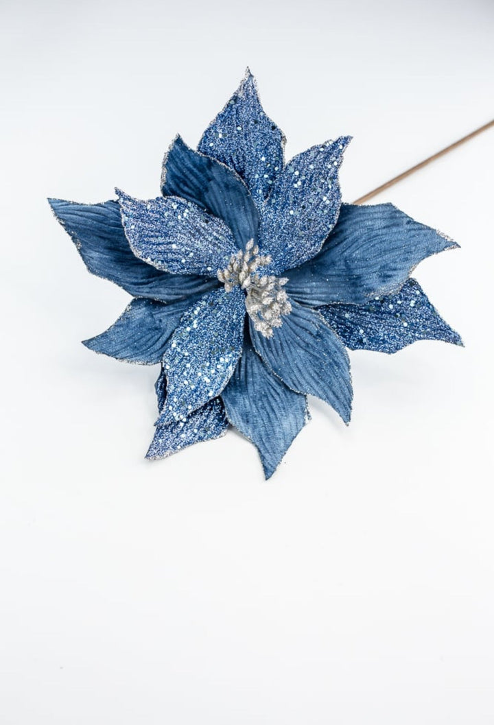 Blue Velvet and beaded poinsettia stem - Greenery MarketWinter and ChristmasMTX66871 BLUE