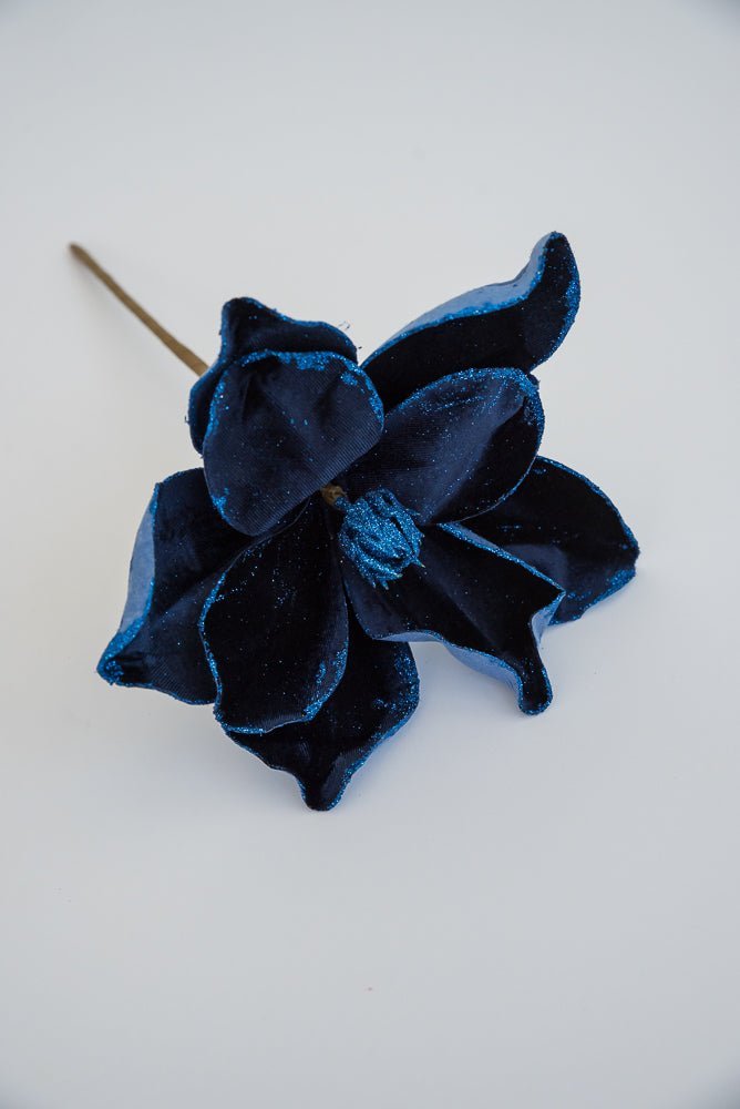 Blue velvet, artificial, magnolia with glittered center - Greenery Marketartificial flowers85318nvbl