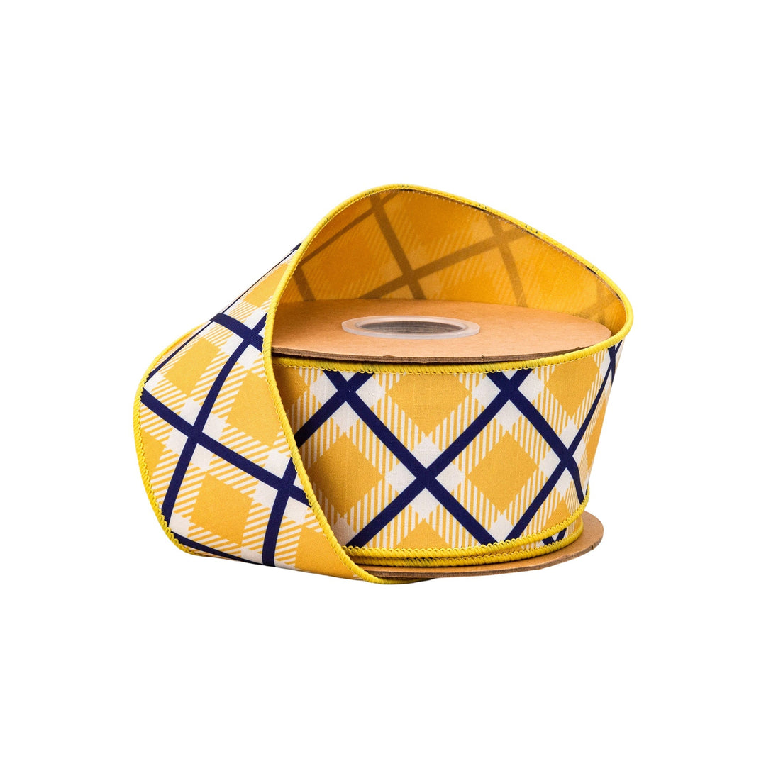 Blue, White & Yellow Bias Plaid with Yellow Backing Wired Dupioni Ribbon - 2.5" - Greenery MarketWired Ribbon9367W-016-63E