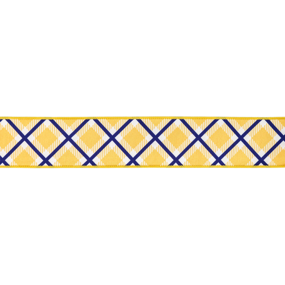 Blue, White & Yellow Bias Plaid with Yellow Backing Wired Dupioni Ribbon - 2.5" - Greenery MarketWired Ribbon9367W-016-63E