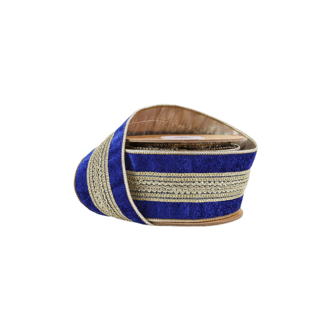 Blue With Gold Trim Wired Premium Ribbon - 2.5" - Greenery Market7048W - 370 - 63C