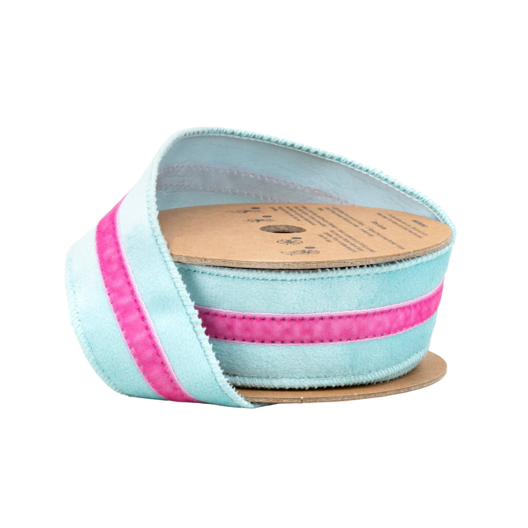 Blue With Pink Trim Wired Velvet Ribbon - 1.5" - Greenery MarketWired Ribbon7020W-305-38E