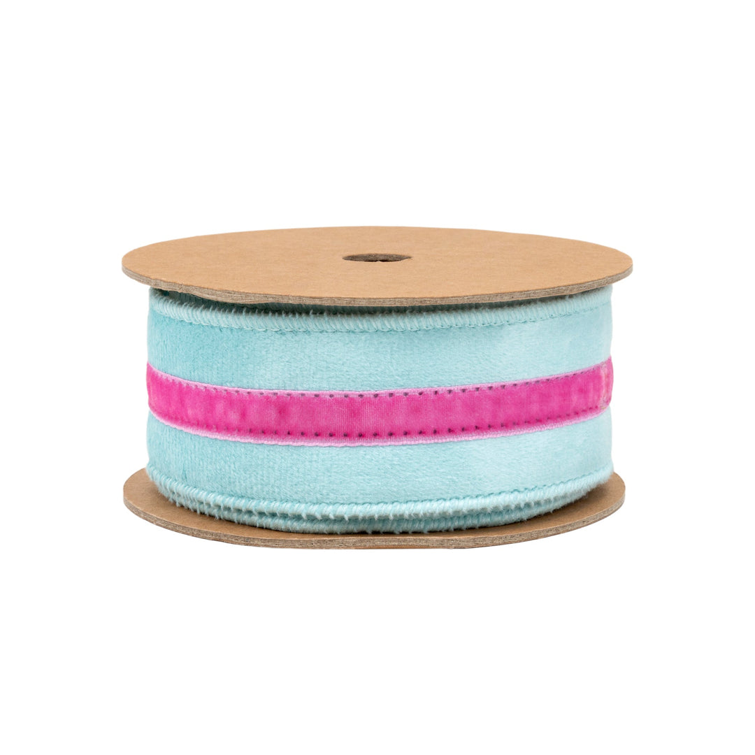 Blue With Pink Trim Wired Velvet Ribbon - 1.5" - Greenery MarketWired Ribbon7020W-305-38E