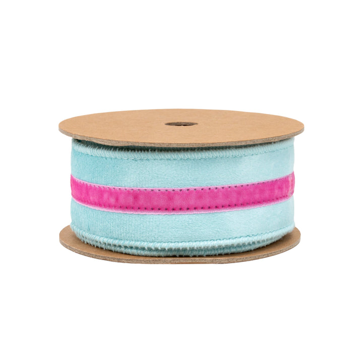 Blue With Pink Trim Wired Velvet Ribbon - 1.5" - Greenery MarketWired Ribbon7020W-305-38E