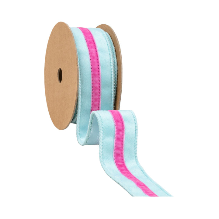 Blue With Pink Trim Wired Velvet Ribbon - 1.5" - Greenery MarketWired Ribbon7020W-305-38E