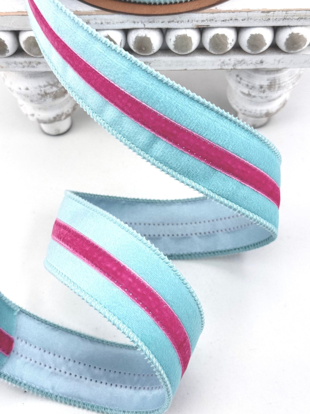 Blue With Pink Trim Wired Velvet Ribbon - 1.5" - Greenery MarketWired Ribbon7020W-305-38E