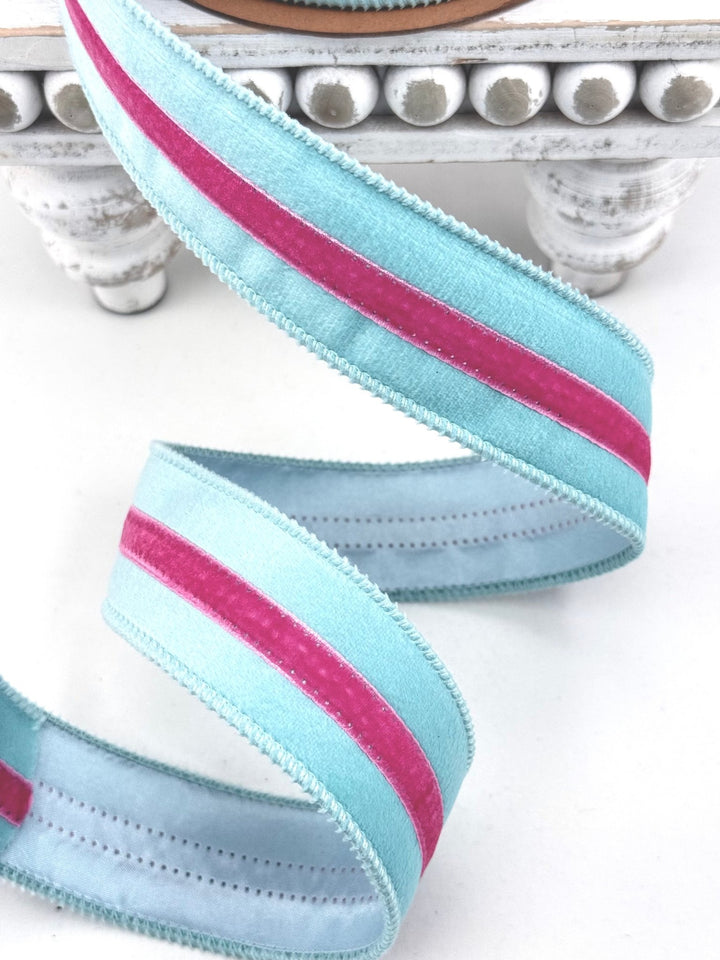 Blue With Pink Trim Wired Velvet Ribbon - 1.5" - Greenery MarketWired Ribbon7020W-305-38E