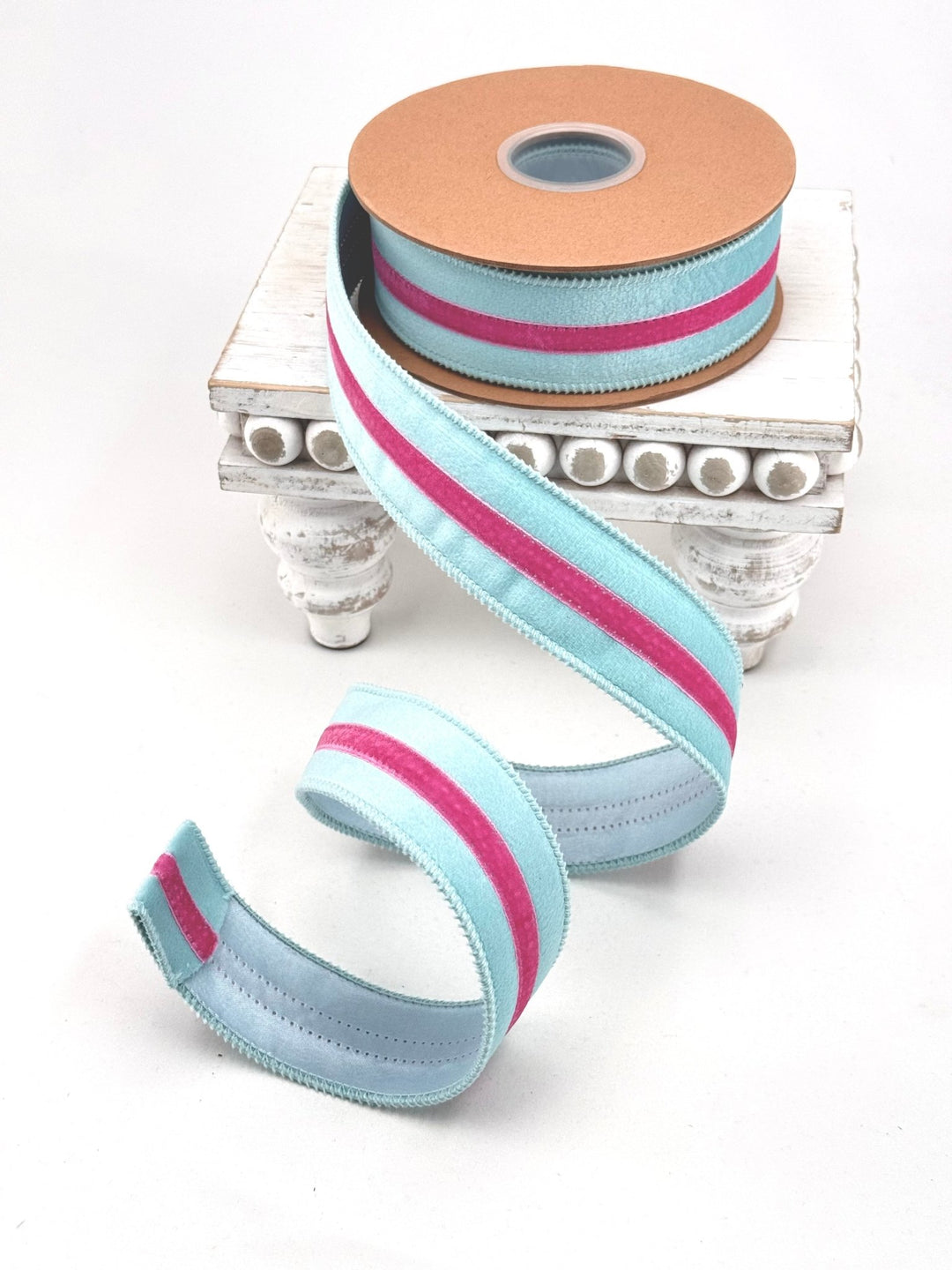 Blue With Pink Trim Wired Velvet Ribbon - 1.5" - Greenery MarketWired Ribbon7020W-305-38E