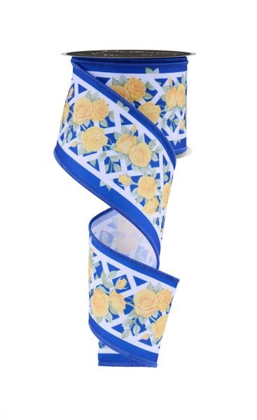 Blue, Yellow, & Green Rose Trellis Ribbon - 2.5" - Greenery MarketWired RibbonLS100625