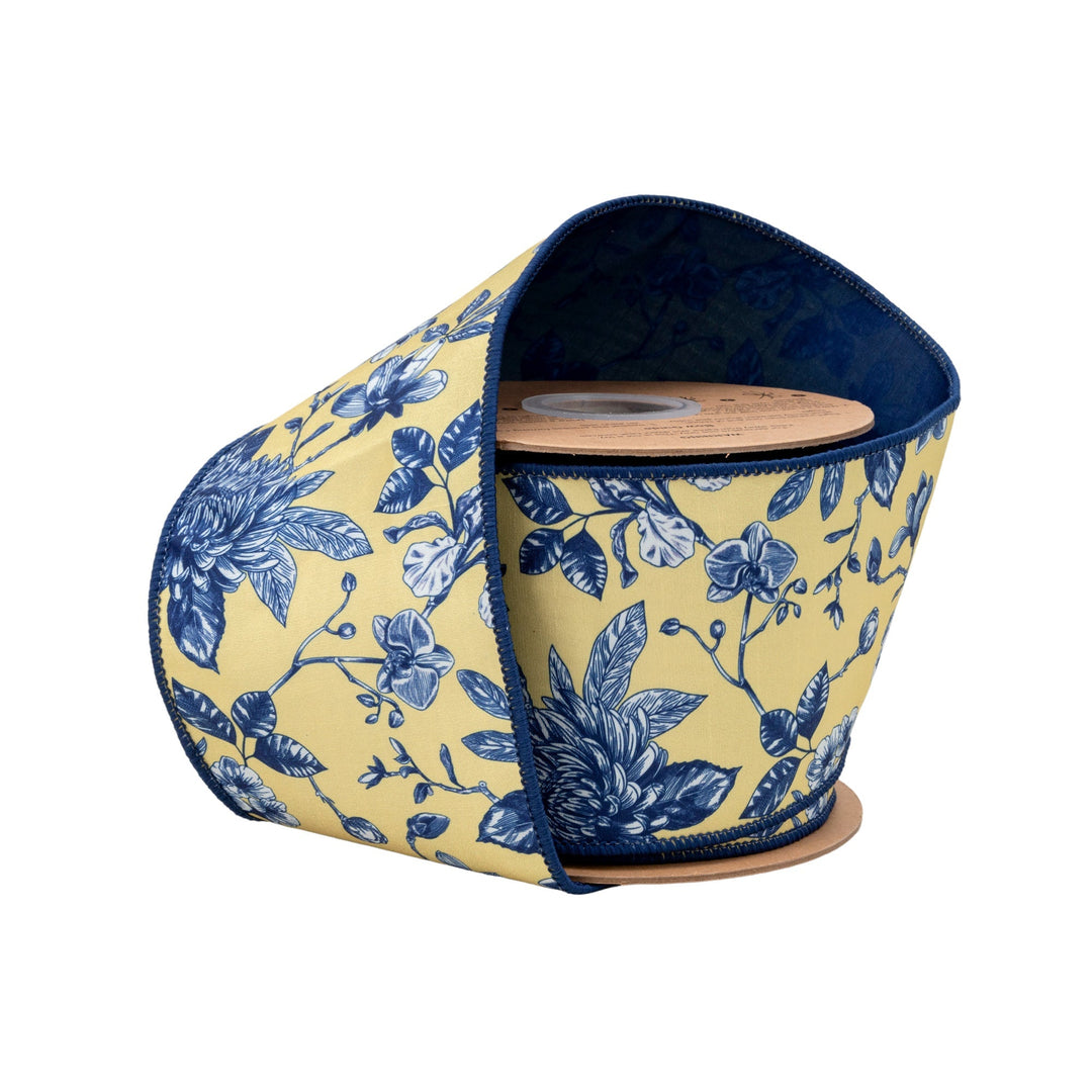 Blue & Yellow Toile with Blue Backing Wired Dupioni Ribbon - 4" - Greenery MarketWired Ribbon9365W-016-100E