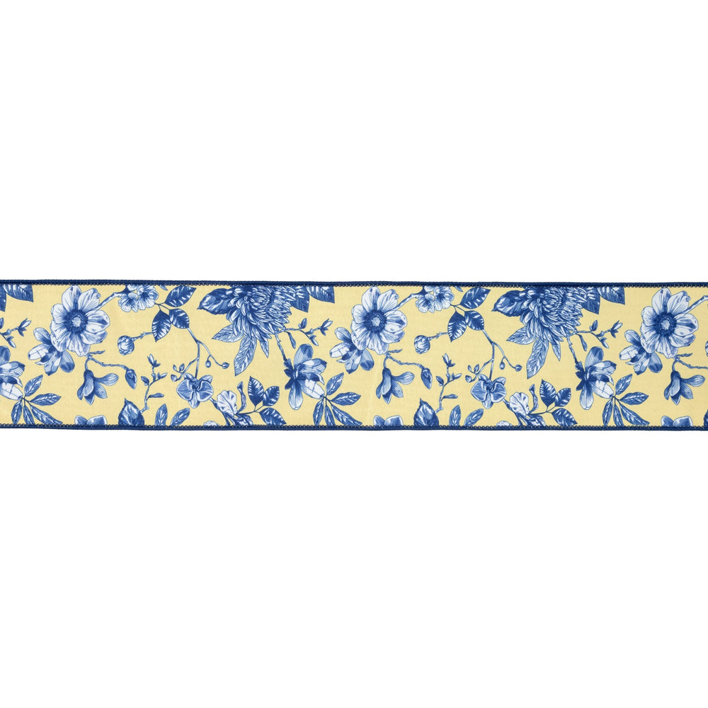 Blue & Yellow Toile with Blue Backing Wired Dupioni Ribbon - 4" - Greenery MarketWired Ribbon9365W-016-100E