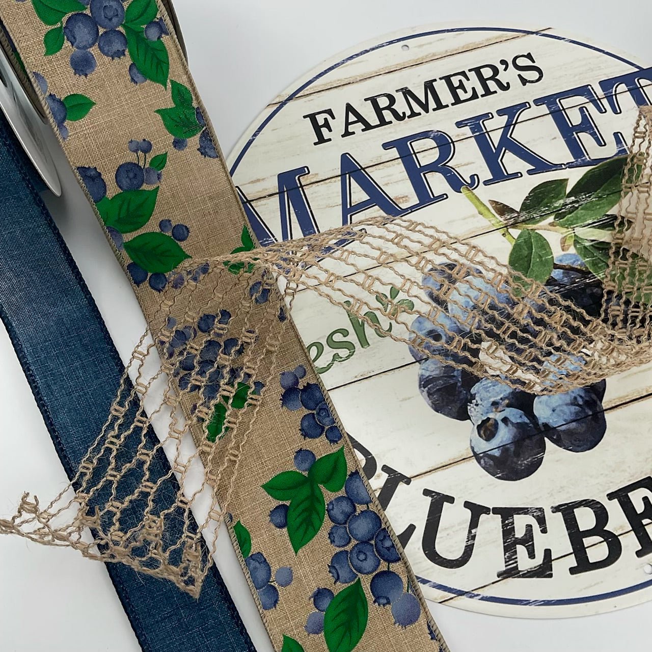 Blueberries metal market sign and ribbon bundle - Greenery Marketsigns for wreathsMetalroundx4
