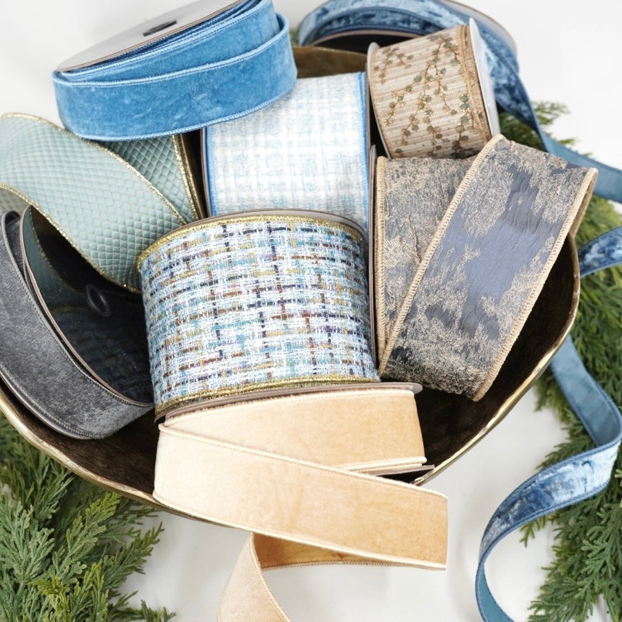 ribbon in blue tweed, gray velvet, and gold velvet