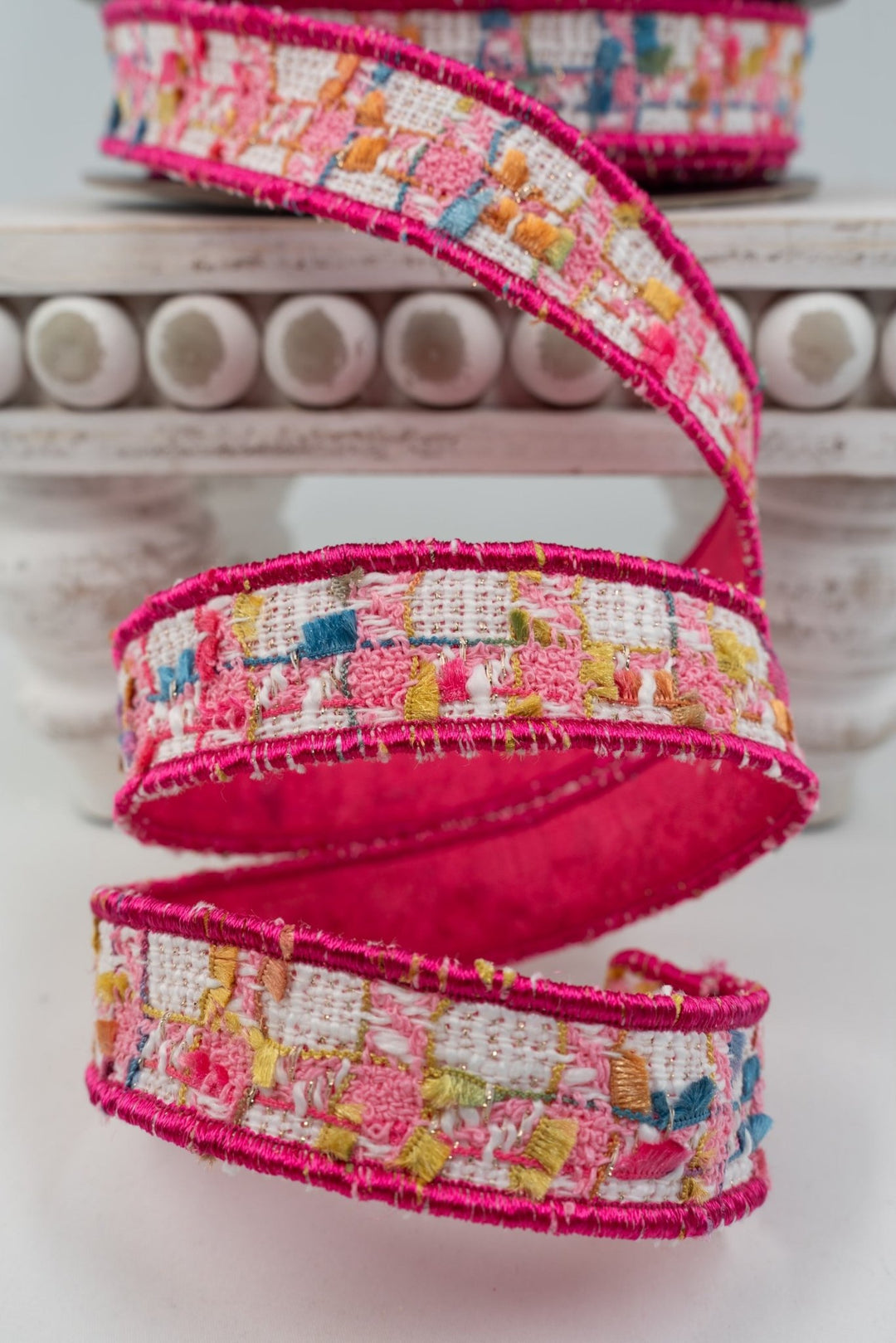 Boucle Pink, Gold, & White Dupion Back Wired Wired Ribbon - 1" - Greenery MarketWired ribbon45-0170