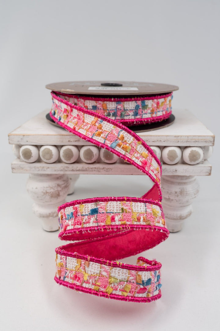 Boucle Pink, Gold, & White Dupion Back Wired Wired Ribbon - 1" - Greenery MarketWired ribbon45-0170