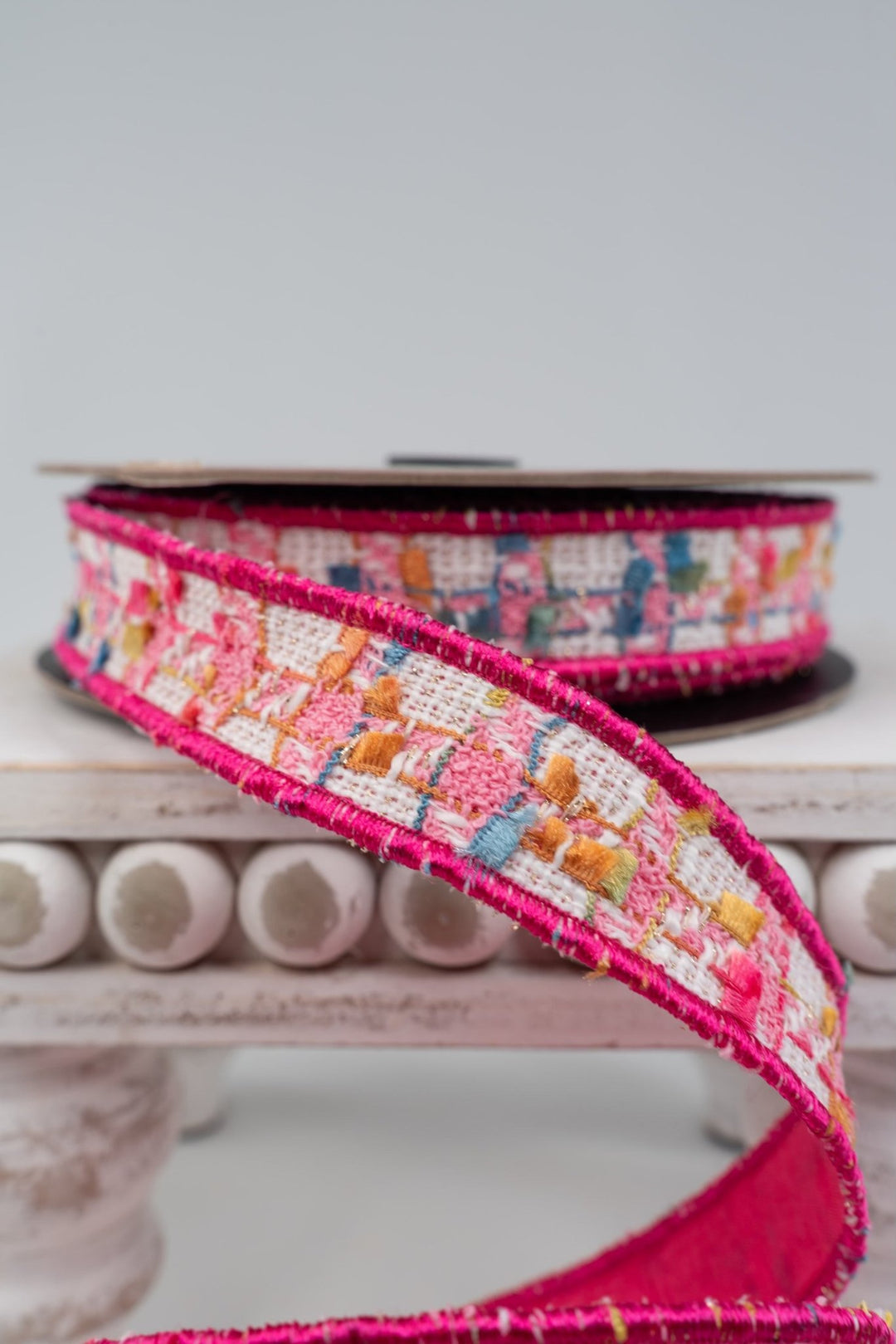 Boucle Pink, Gold, & White Dupion Back Wired Wired Ribbon - 1" - Greenery MarketWired ribbon45-0170