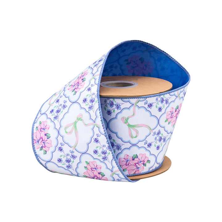 Bows and Floral Diamonds with Blue Backing Wired Dupioni Ribbon - 4" - Greenery MarketWired Ribbon9361W-464-100E