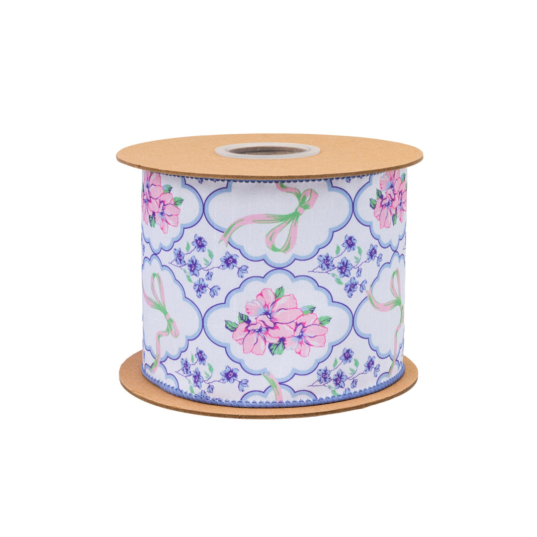 Bows and Floral Diamonds with Blue Backing Wired Dupioni Ribbon - 4" - Greenery MarketWired Ribbon9361W-464-100E