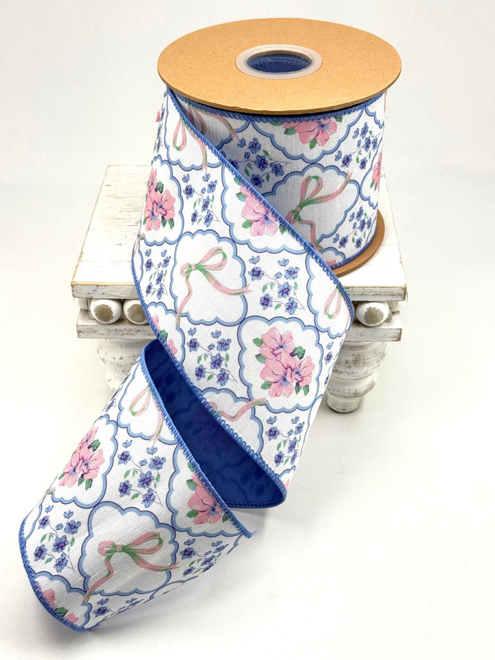 Bows and Floral Diamonds with Blue Backing Wired Dupioni Ribbon - 4" - Greenery MarketWired Ribbon9361W-464-100E