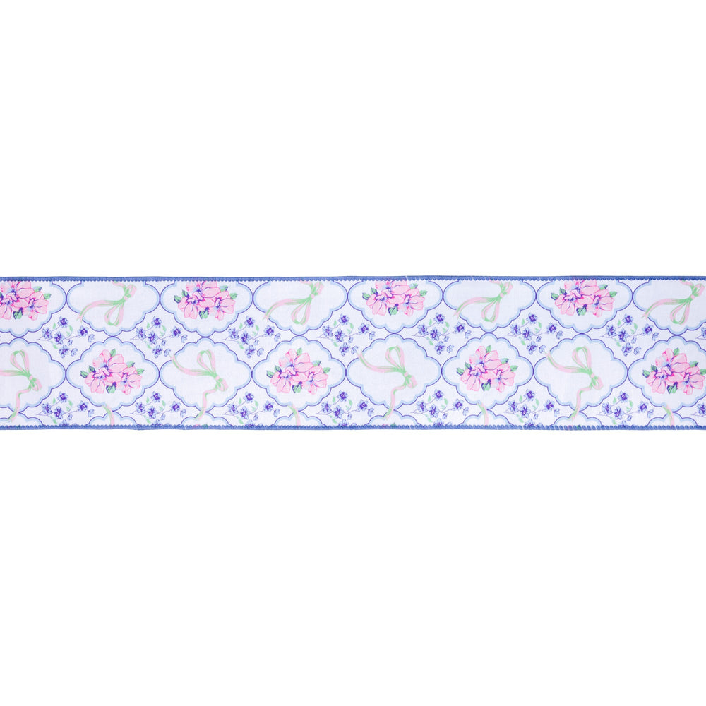 Bows and Floral Diamonds with Blue Backing Wired Dupioni Ribbon - 4" - Greenery MarketWired Ribbon9361W-464-100E