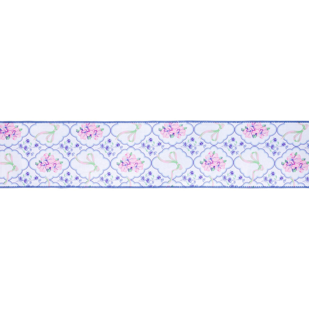 Bows and Floral Diamonds with Blue Backing Wired Dupioni Ribbon - 4" - Greenery MarketWired Ribbon9361W-464-100E