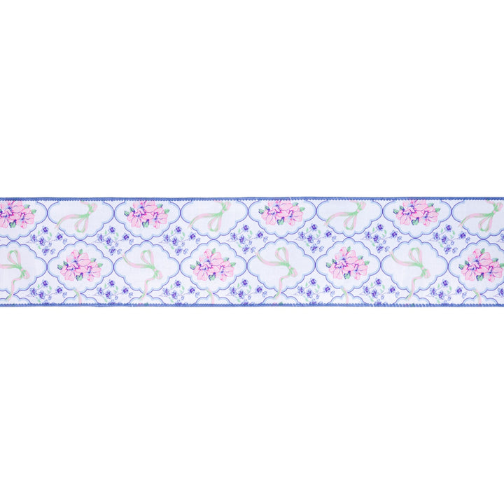 Bows and Floral Diamonds with Blue Backing Wired Dupioni Ribbon - 4" - Greenery MarketWired Ribbon9361W-464-100E