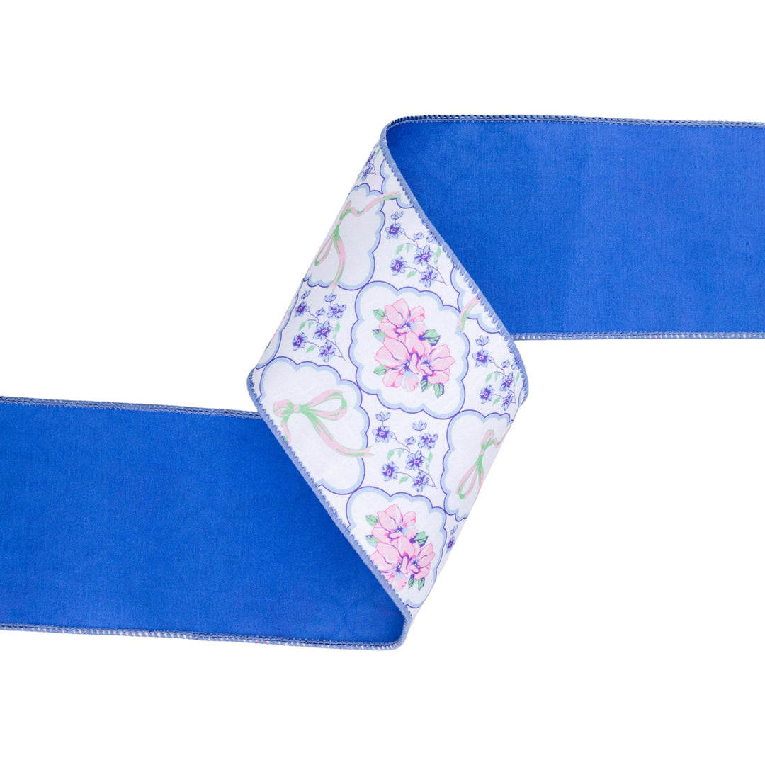 Bows and Floral Diamonds with Blue Backing Wired Dupioni Ribbon - 4" - Greenery MarketWired Ribbon9361W-464-100E