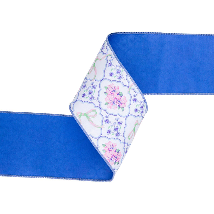 Bows and Floral Diamonds with Blue Backing Wired Dupioni Ribbon - 4" - Greenery MarketWired Ribbon9361W-464-100E